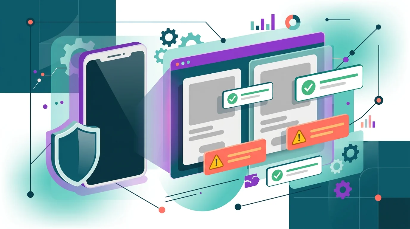 Two secondary Android monitoring tools shown behind warning and verification cards