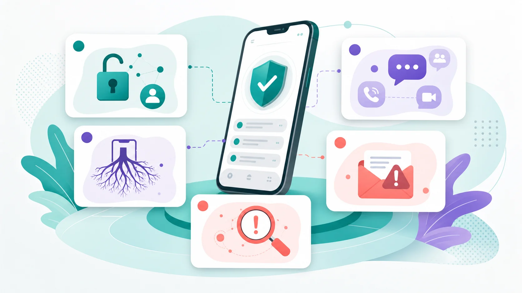 Five Android keylogger FAQ cards about access, root, WhatsApp, detection, and scams