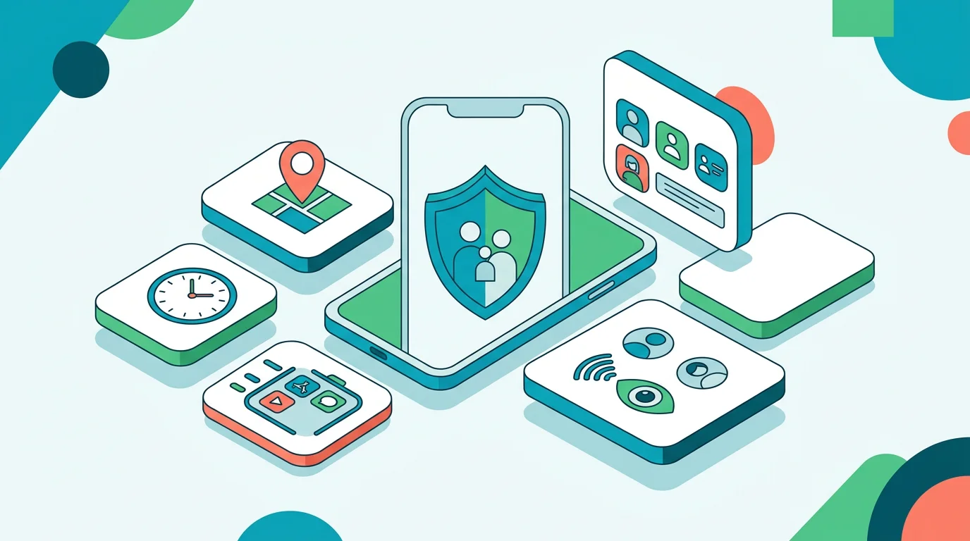 Five Android monitoring choices represented by blank tiles and family-safety icons.