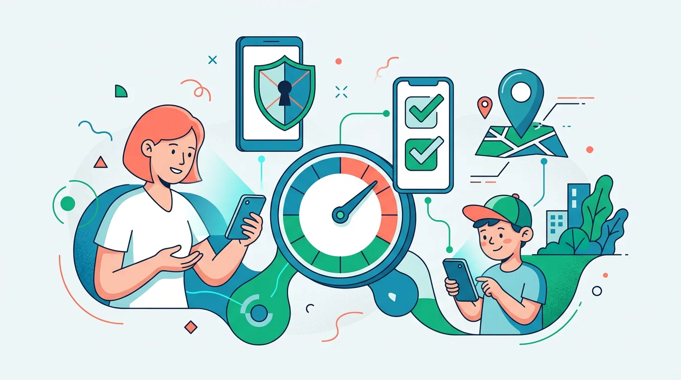 Transparent parent-child Android supervision with screen-time, app approval, and location icons.