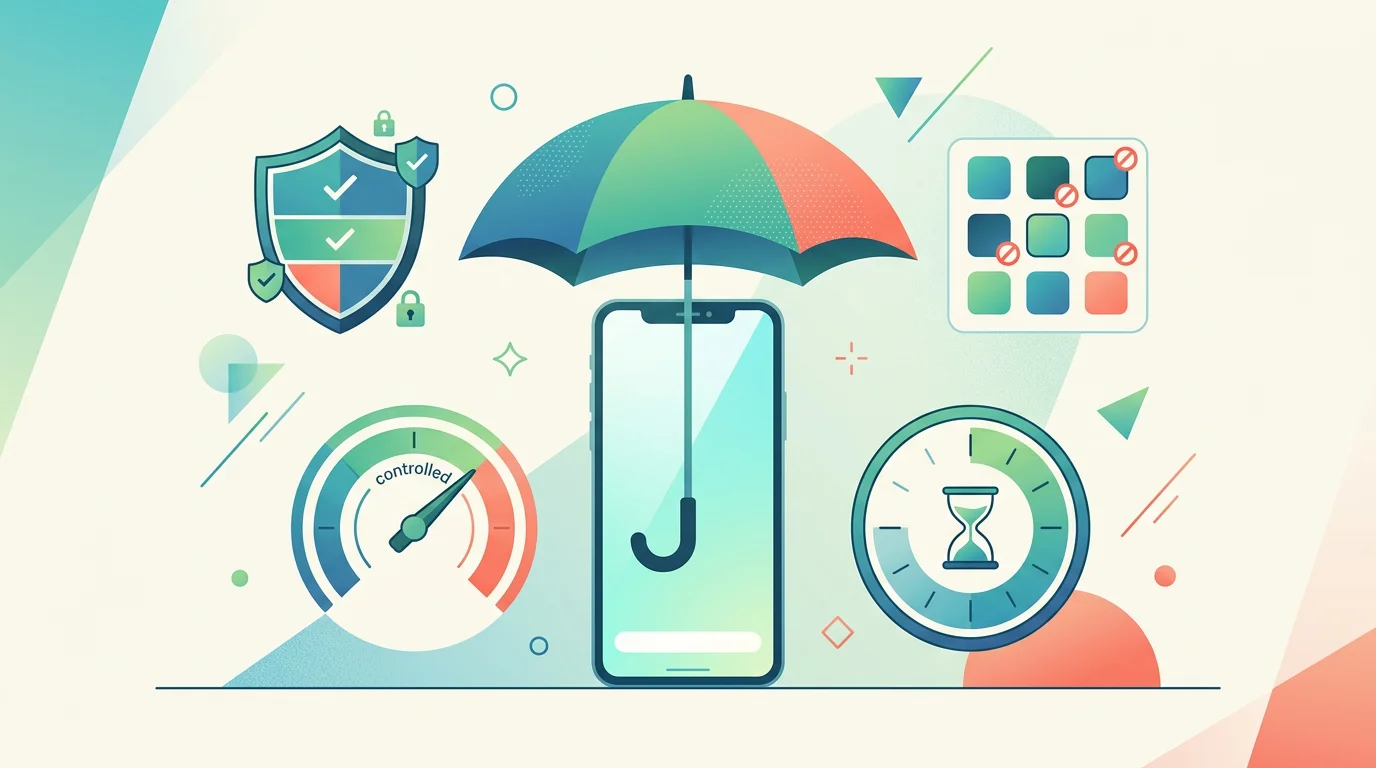 Child safety controls with web filtering, trial clock, and shield icons.