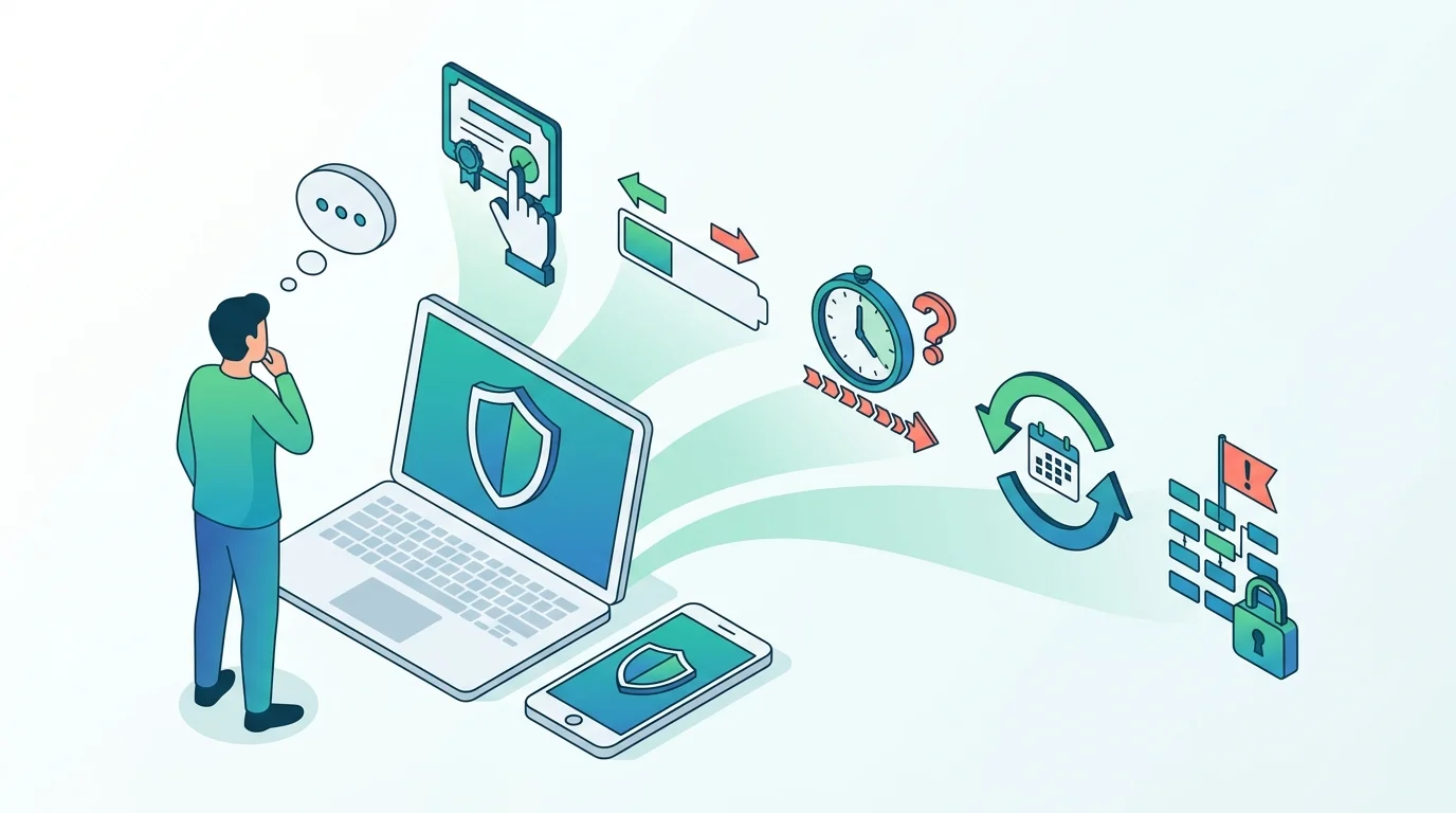 A buyer checking device authority, free limits, trial end, renewal, and data-risk icons.