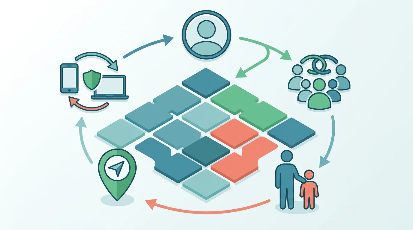 Phone tracker access paths shown as account, family, child, and device authority icons.