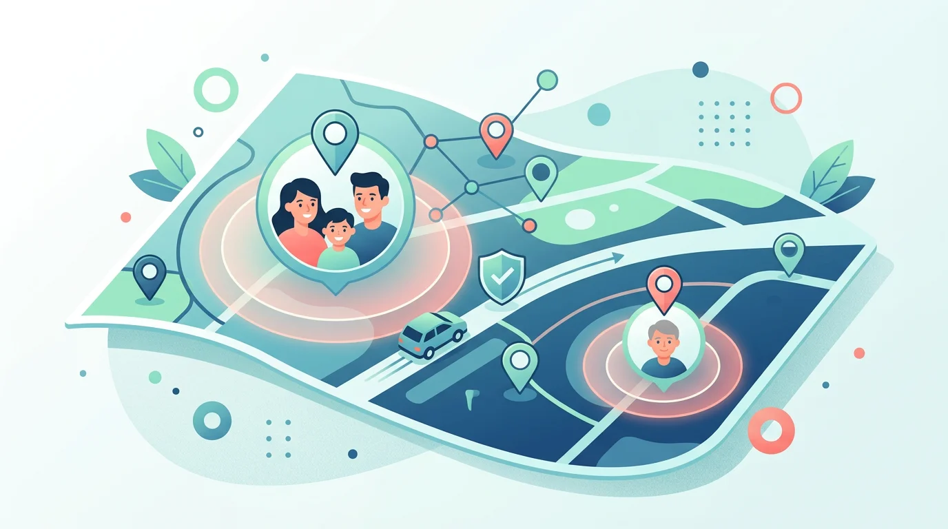 Family locator circle with geofence and safety icons.