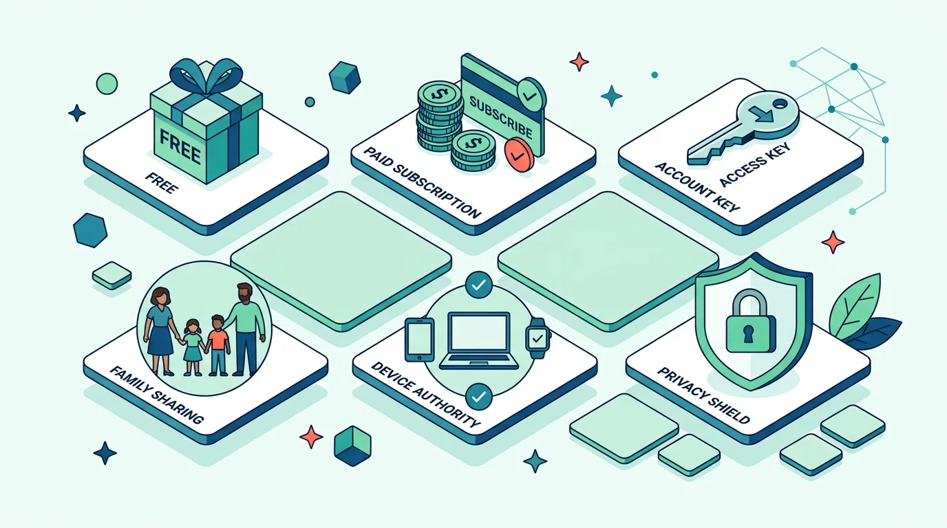 Free and paid tracking paths represented by account, family, and device-authority icons.