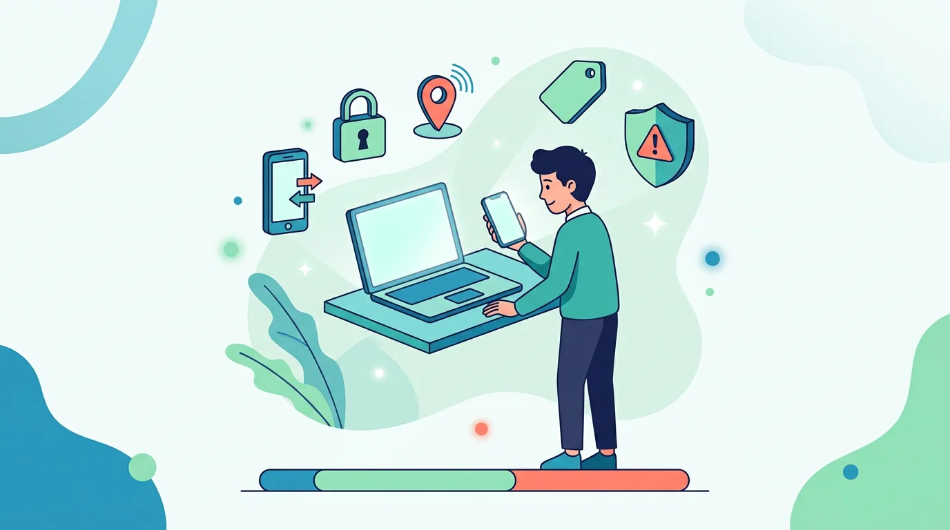 A buyer checking phone type, account relationship, sharing, price, and data-risk icons.