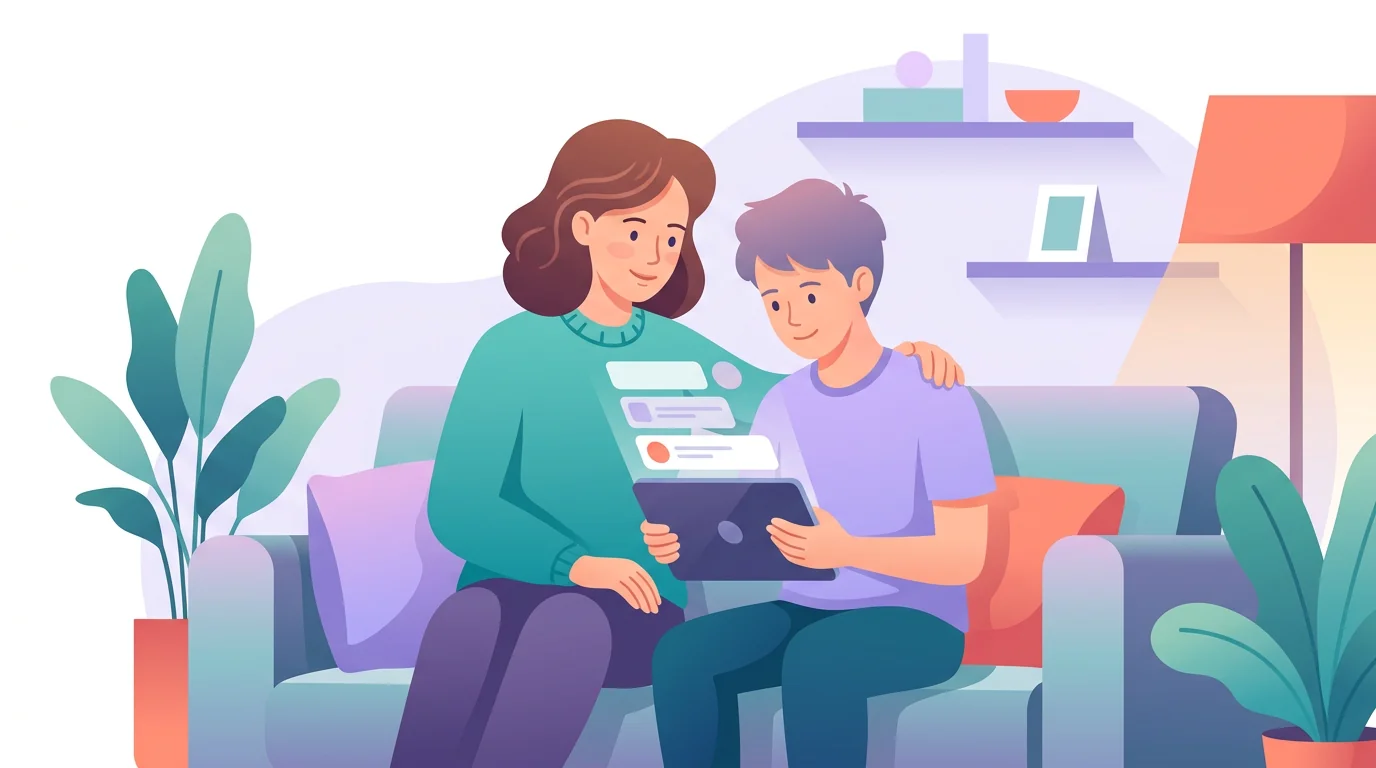 A family device supervision dashboard with generic app activity and safety icons.