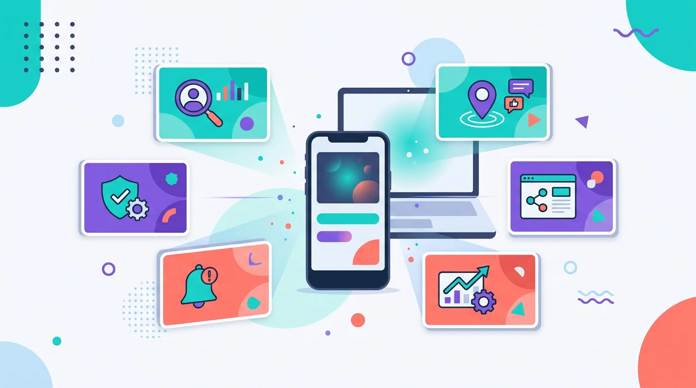 Seven phone monitoring app categories arranged around a generic smartphone and laptop.