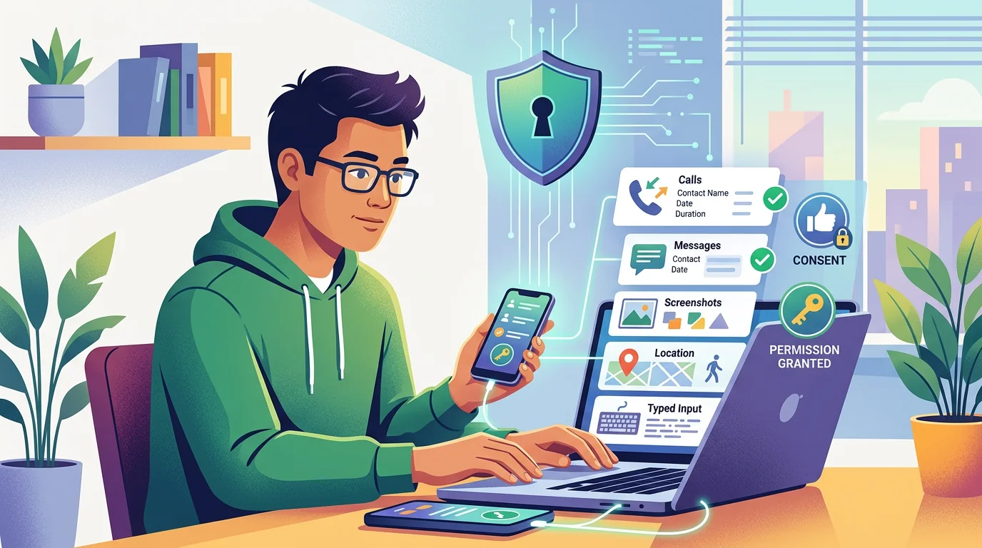 A reviewer checking Android monitoring cards for calls, messages, screenshots, and location.