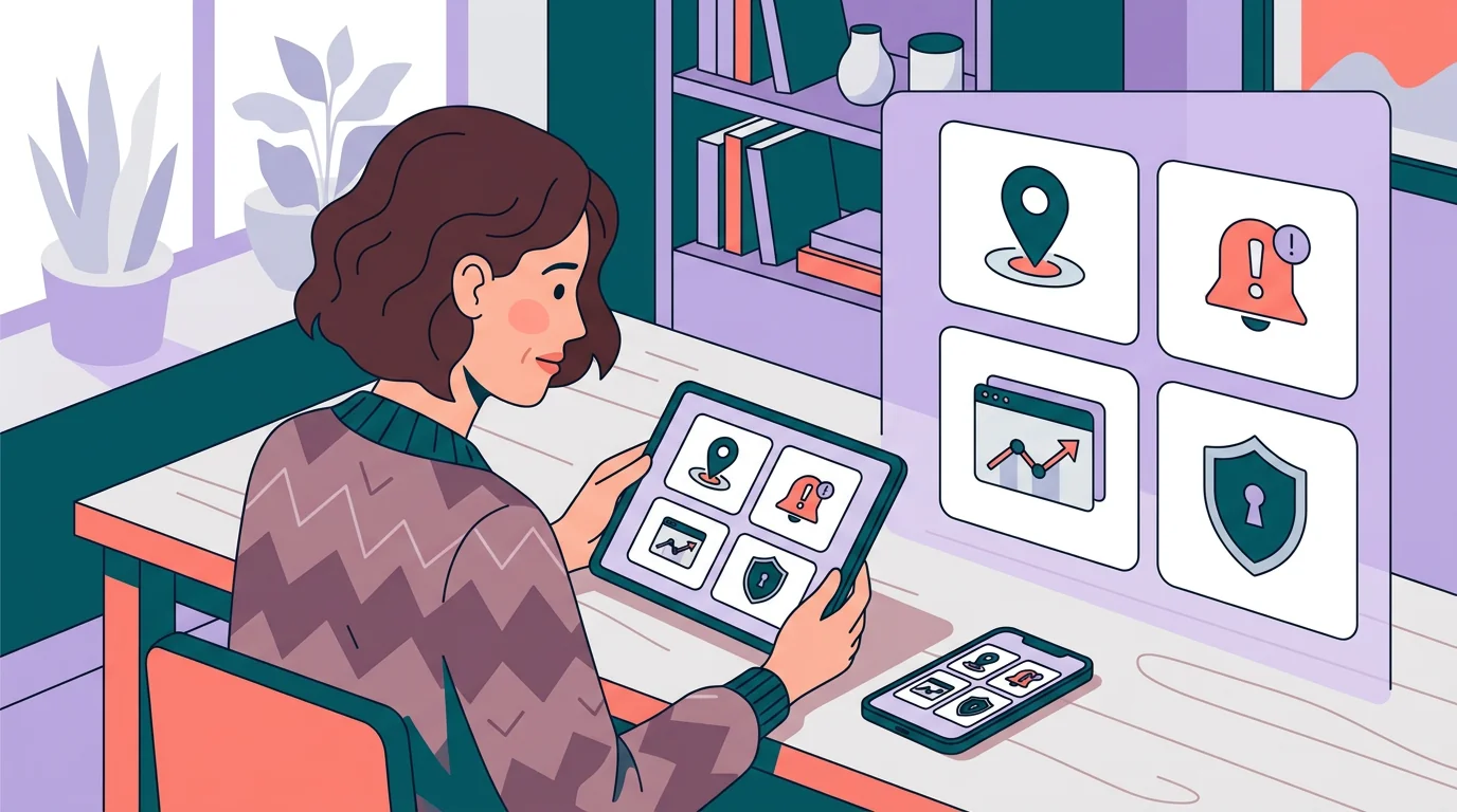 A family monitoring dashboard with social activity, location, alerts, and compatibility checks.