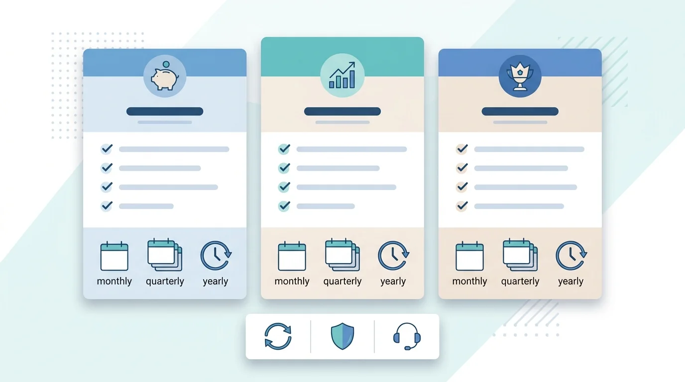 A pricing comparison board for phone monitoring apps with monthly, quarterly, and yearly plan cards.