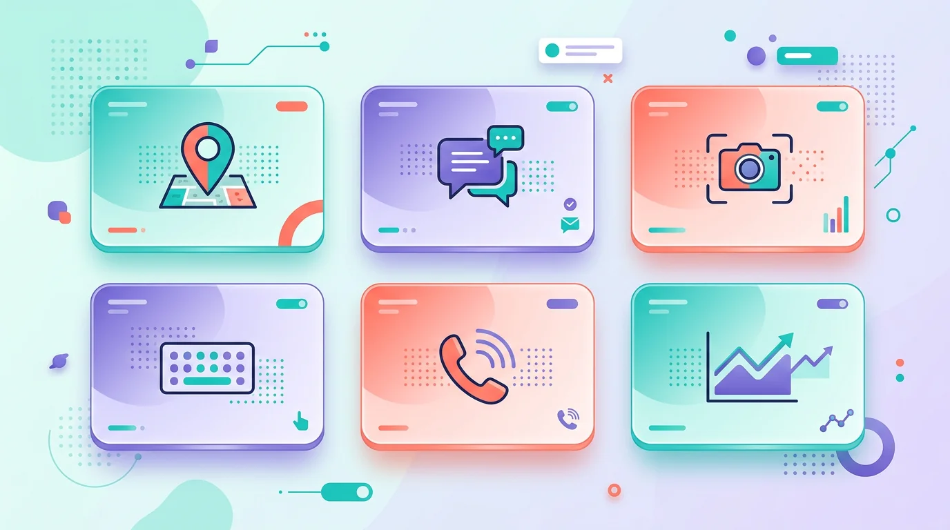 Monitoring feature cards for location, messages, screenshots, typed input, and app activity.