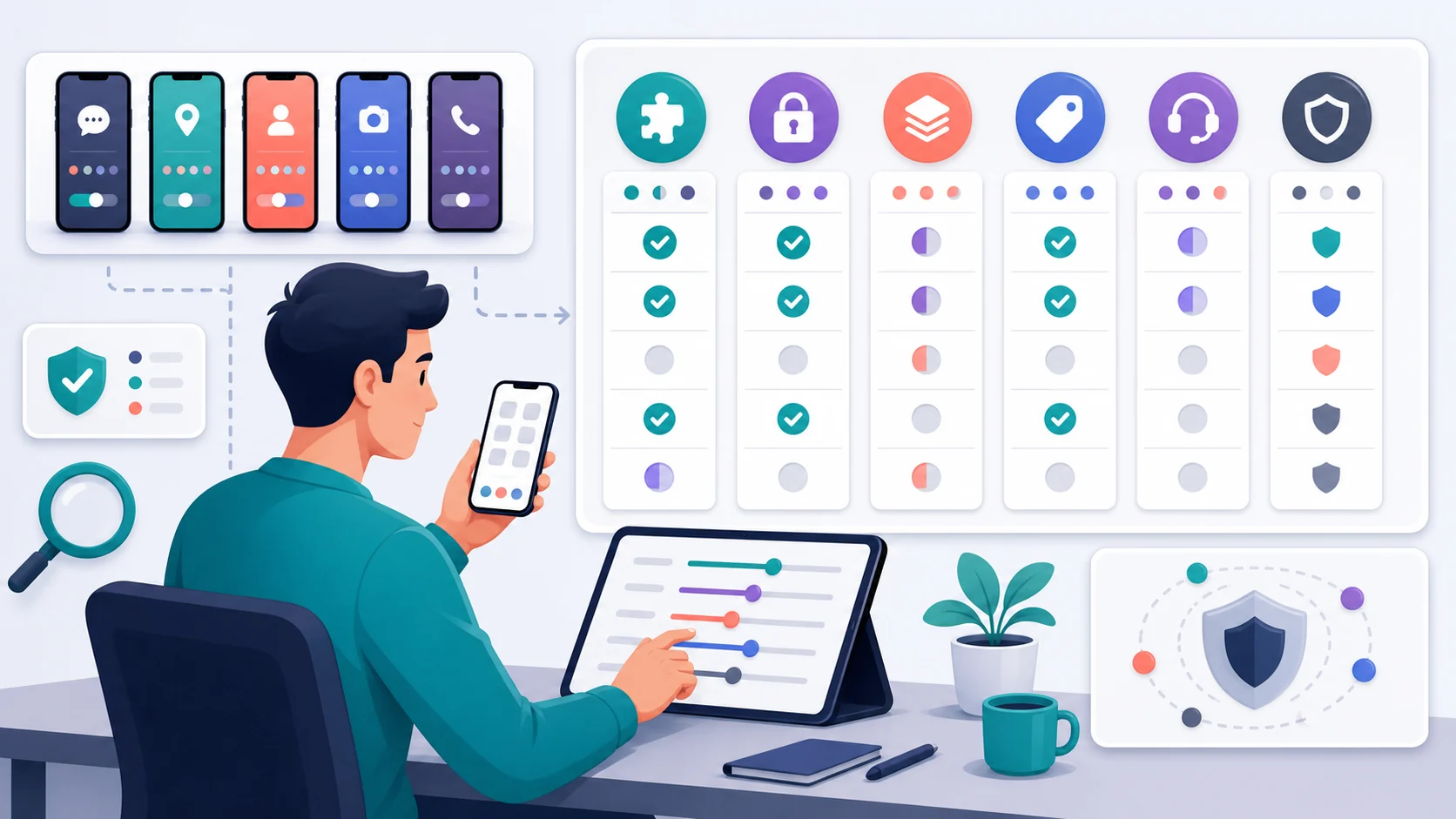 A reviewer checking official pricing pages, compatibility notes, permissions, and trust signals for phone monitoring apps