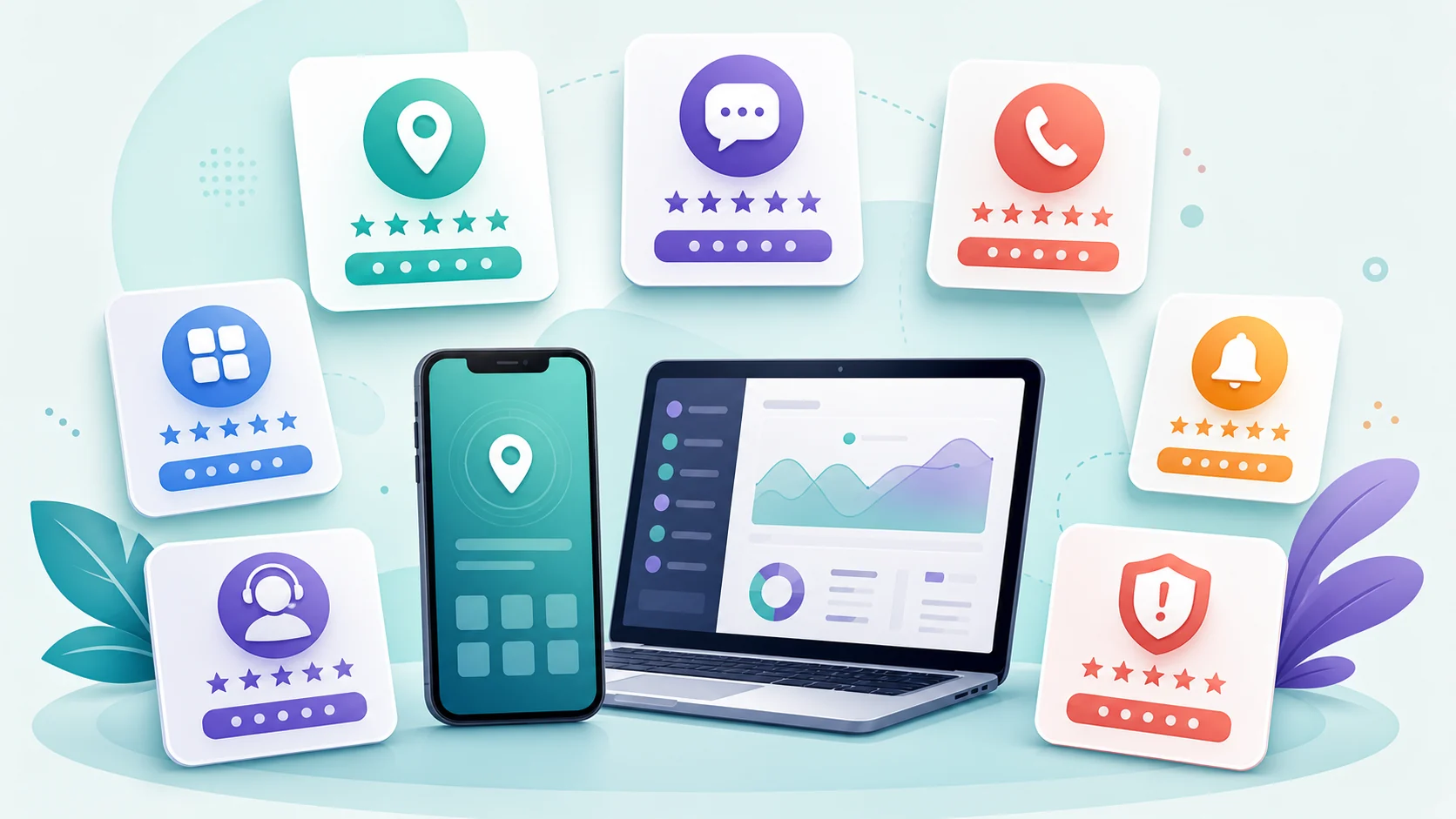 Seven neutral phone monitoring product cards arranged around a smartphone and laptop