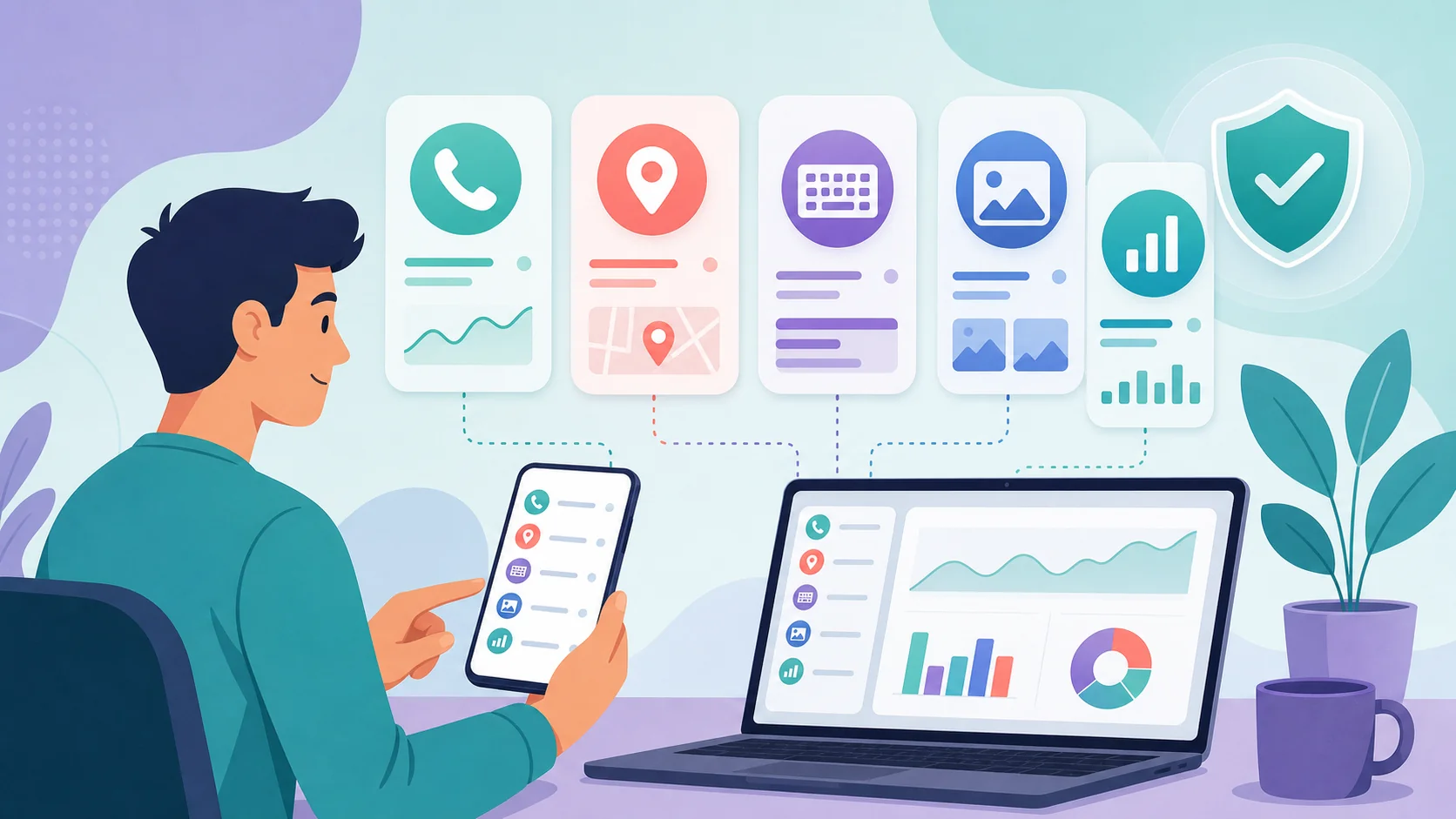 A reviewer checking Android monitoring cards for calls, location, typed input, and screenshots