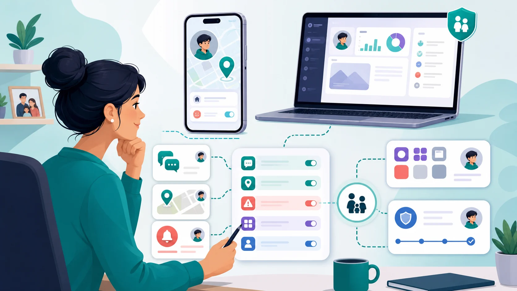 A family monitoring dashboard with social app cards, location, alerts, and account-access checks