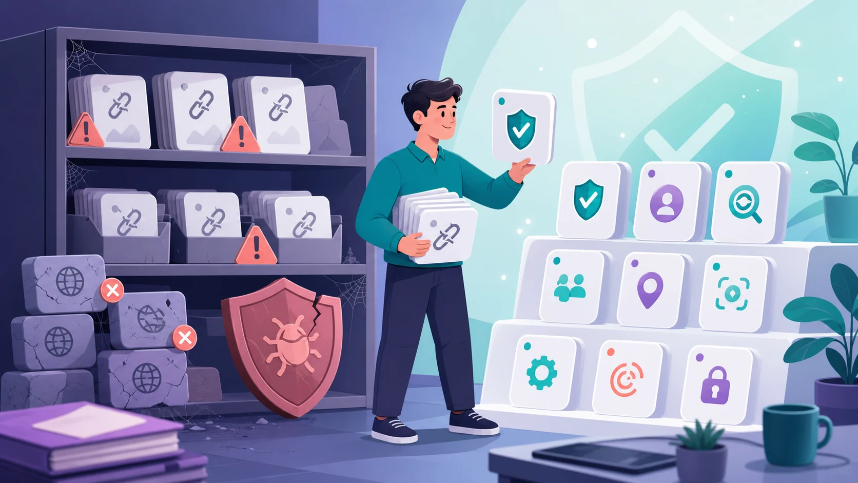 A legacy app archive with stale domains, breach-risk cards, and warning symbols