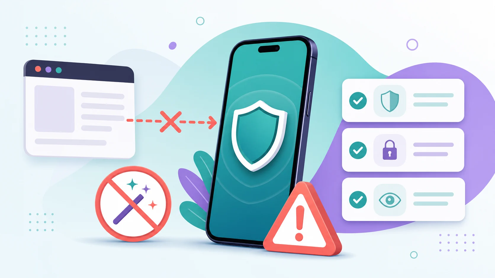 Scam claim warning cards blocked by a privacy shield