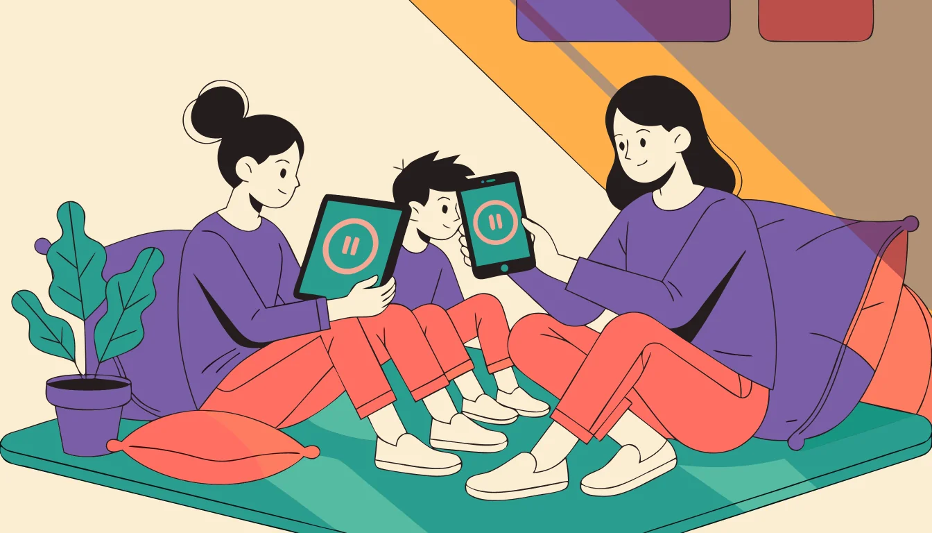 A family reviewing iPhone app limits and transparent location sharing on generic devices.