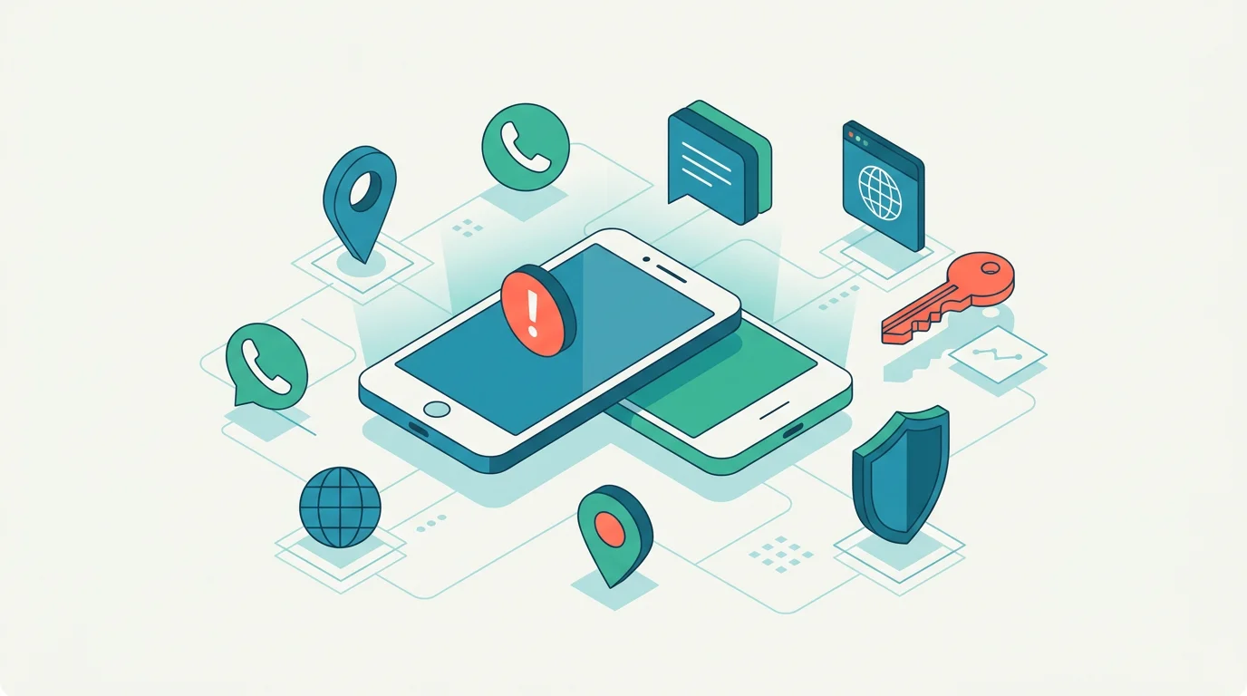 Cross-platform phone monitoring represented by generic device and privacy icons.