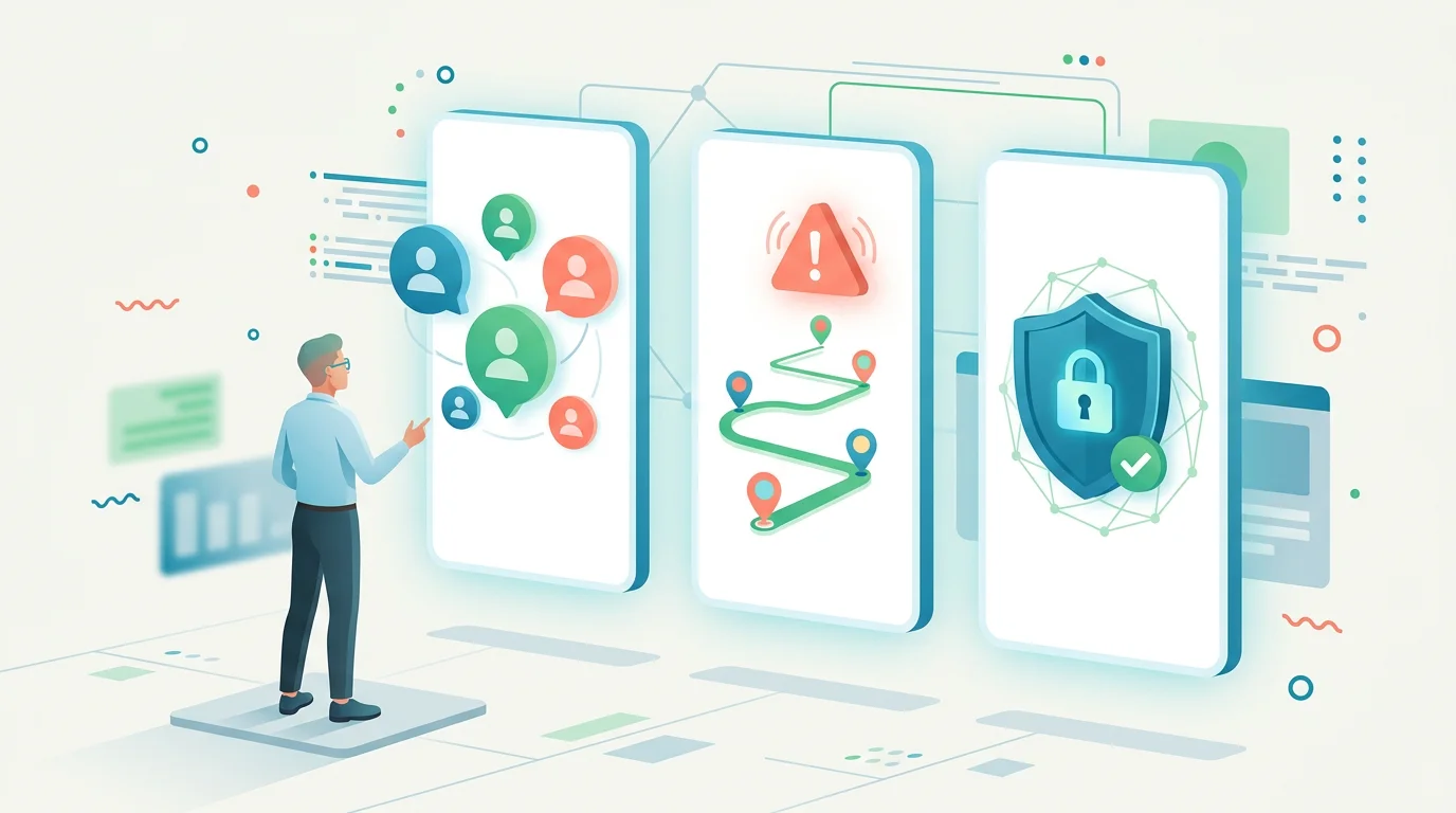 A modern monitoring dashboard concept with alerts, location, and privacy icons.
