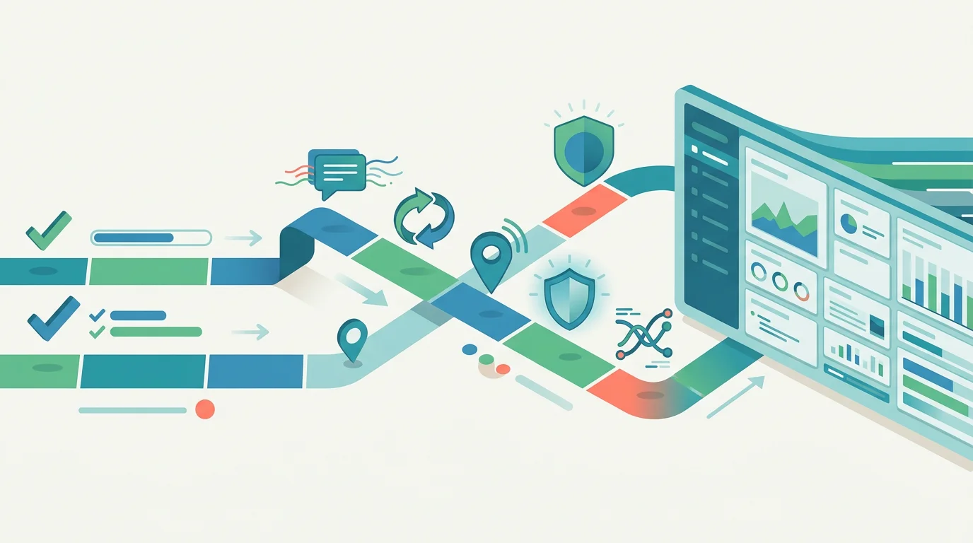 A phone activity timeline flowing into a privacy-aware monitoring dashboard.