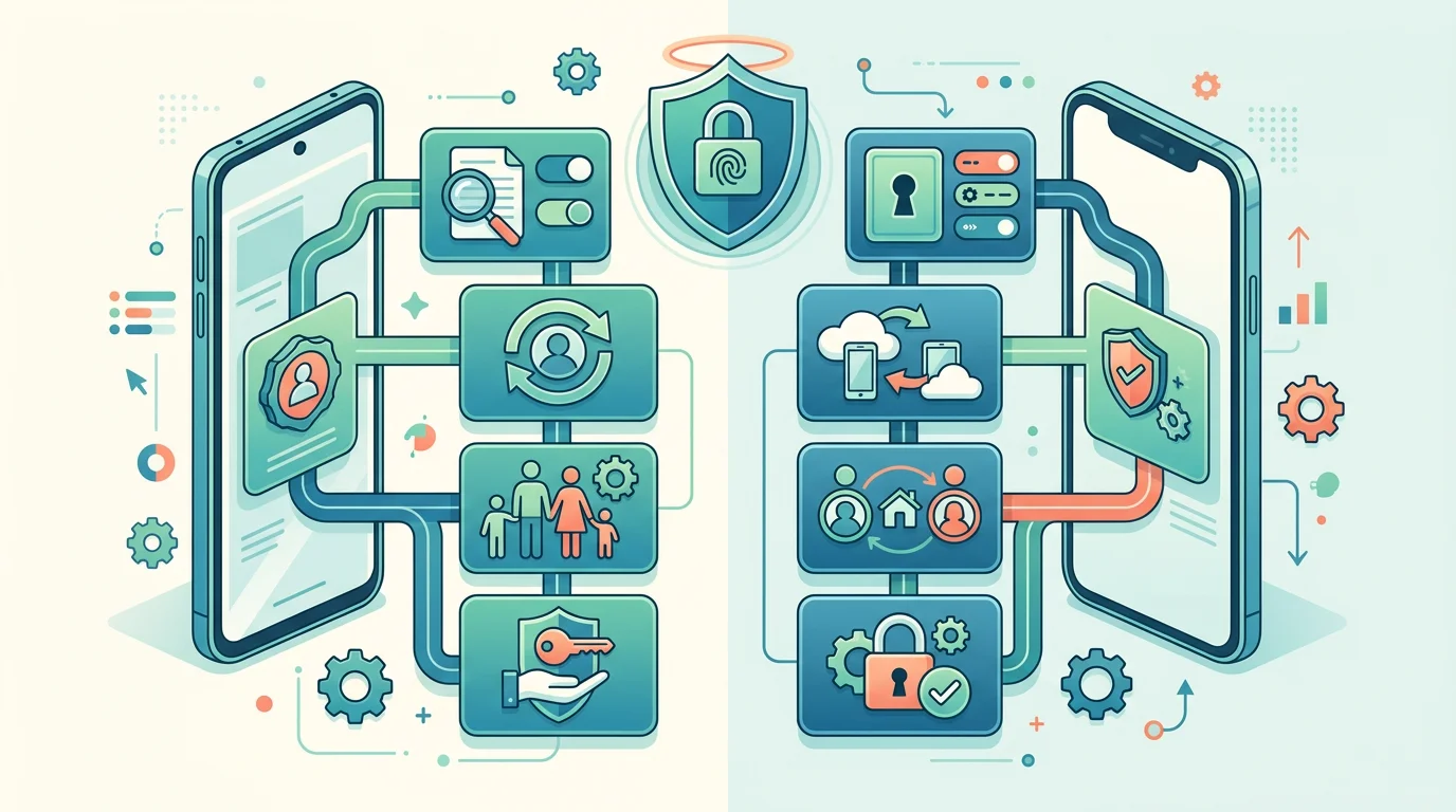 Android and iPhone access paths represented by permissions, account sync, and family setup.