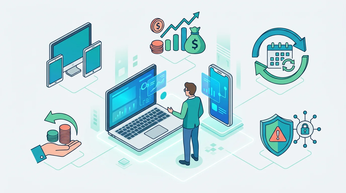 A buyer reviewing device, price, renewal, refund, and vendor-risk checks.