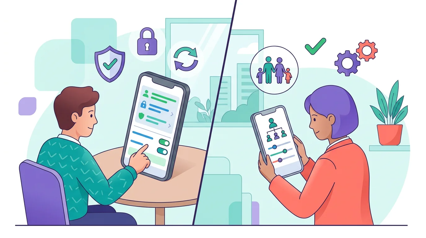 Android physical access and iPhone account-based limits compared on a review board.