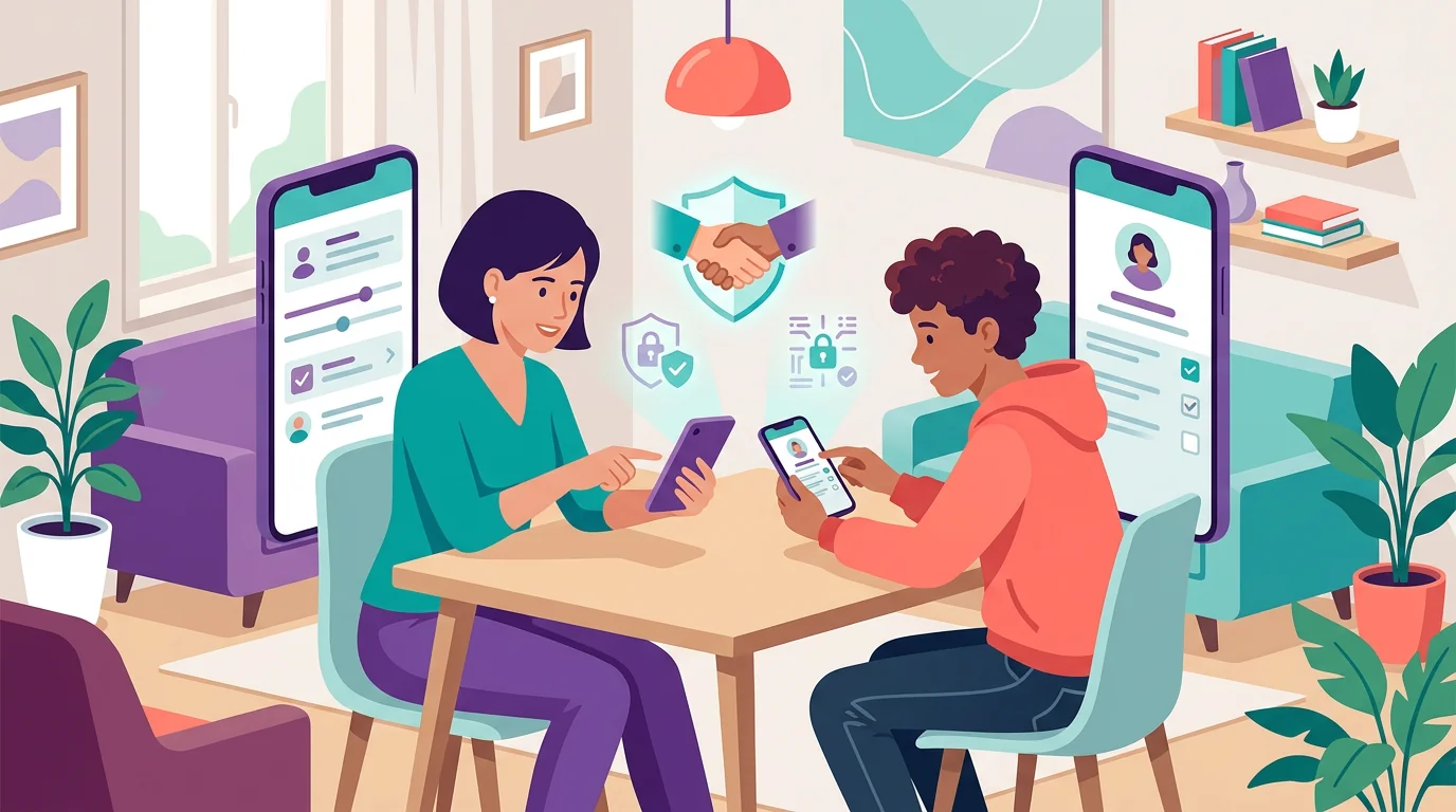 A parent and teen reviewing transparent safety controls and account security together.