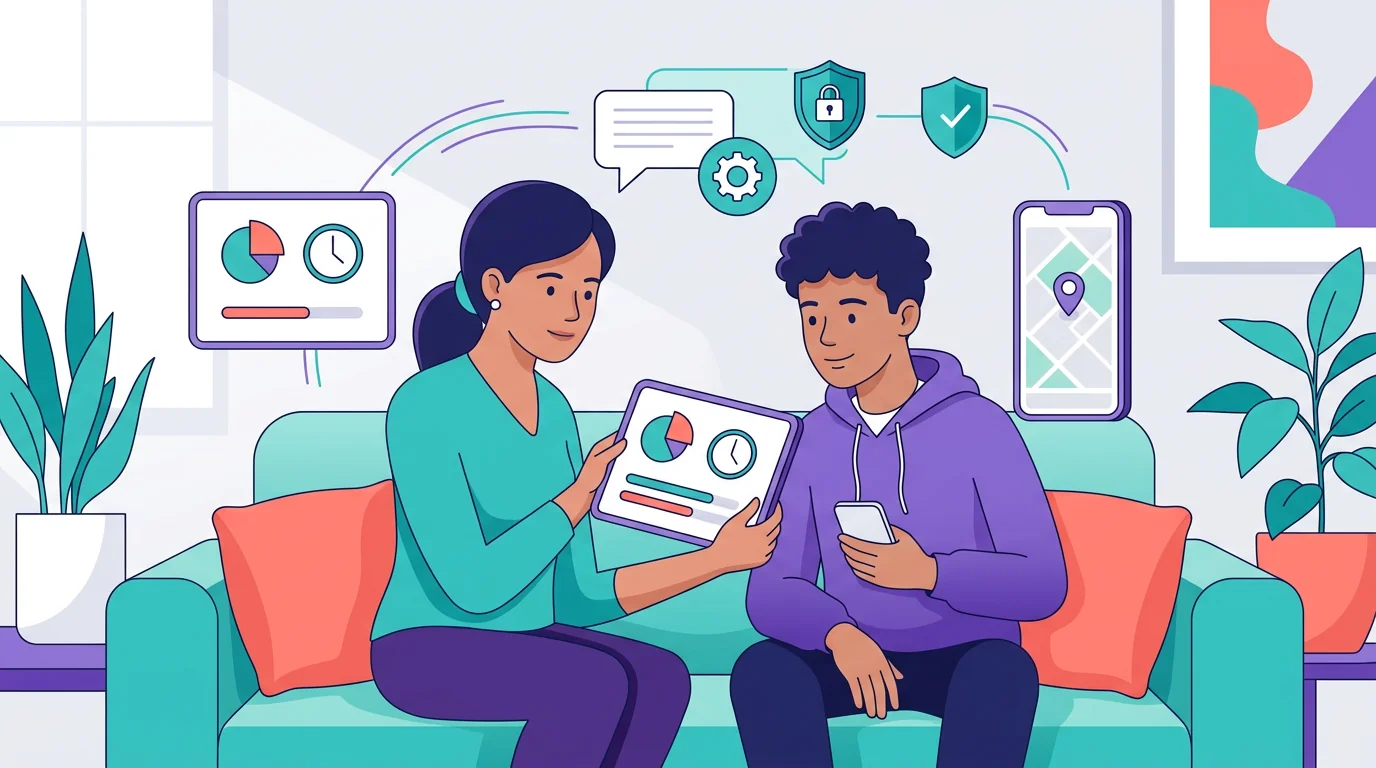 A family reviewing iPhone app limits and transparent location-sharing controls on generic devices.