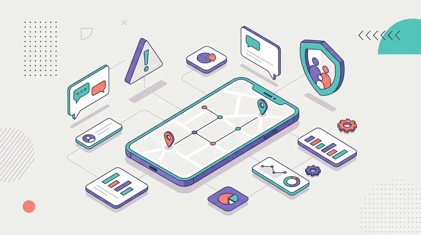 A phone with abstract location and message monitoring icons.