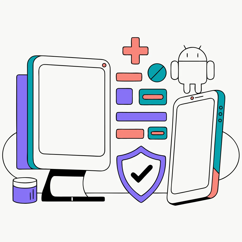 A trusted computer and generic Android phone showing abstract accessibility and privacy review symbols without readable interface text.