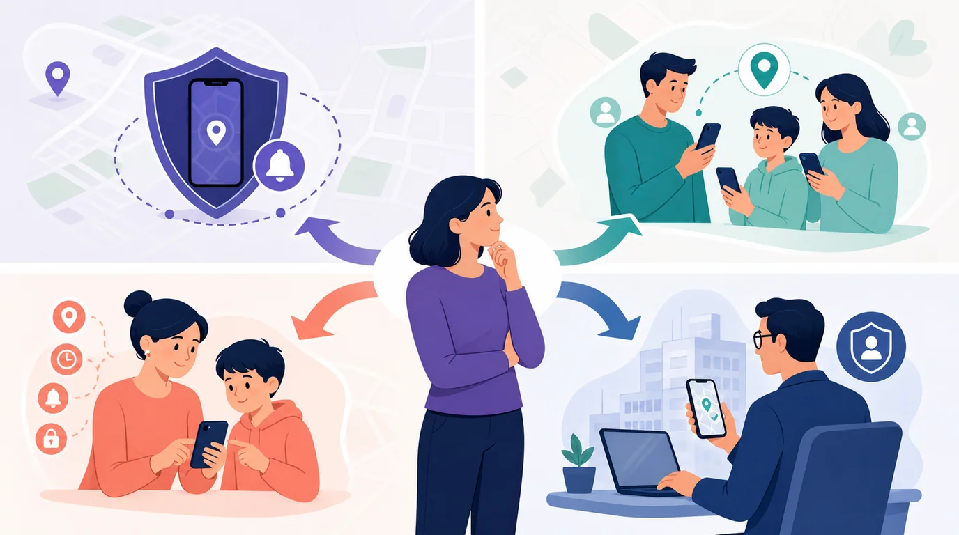 A family comparing lost-device, parental-control, location-sharing, and authorized-monitoring options on their phones.