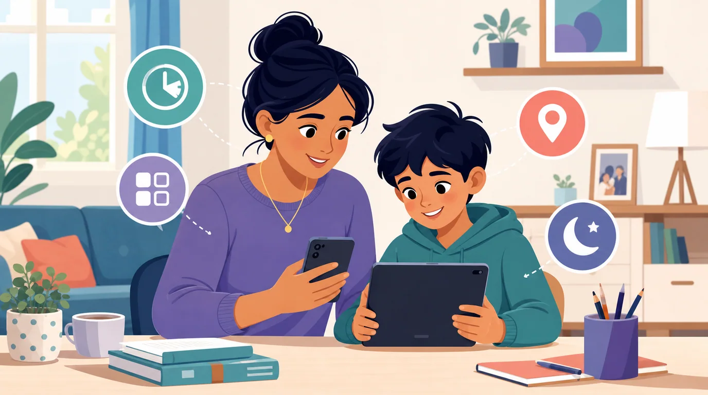 A parent and child reviewing visible parental controls on a phone.