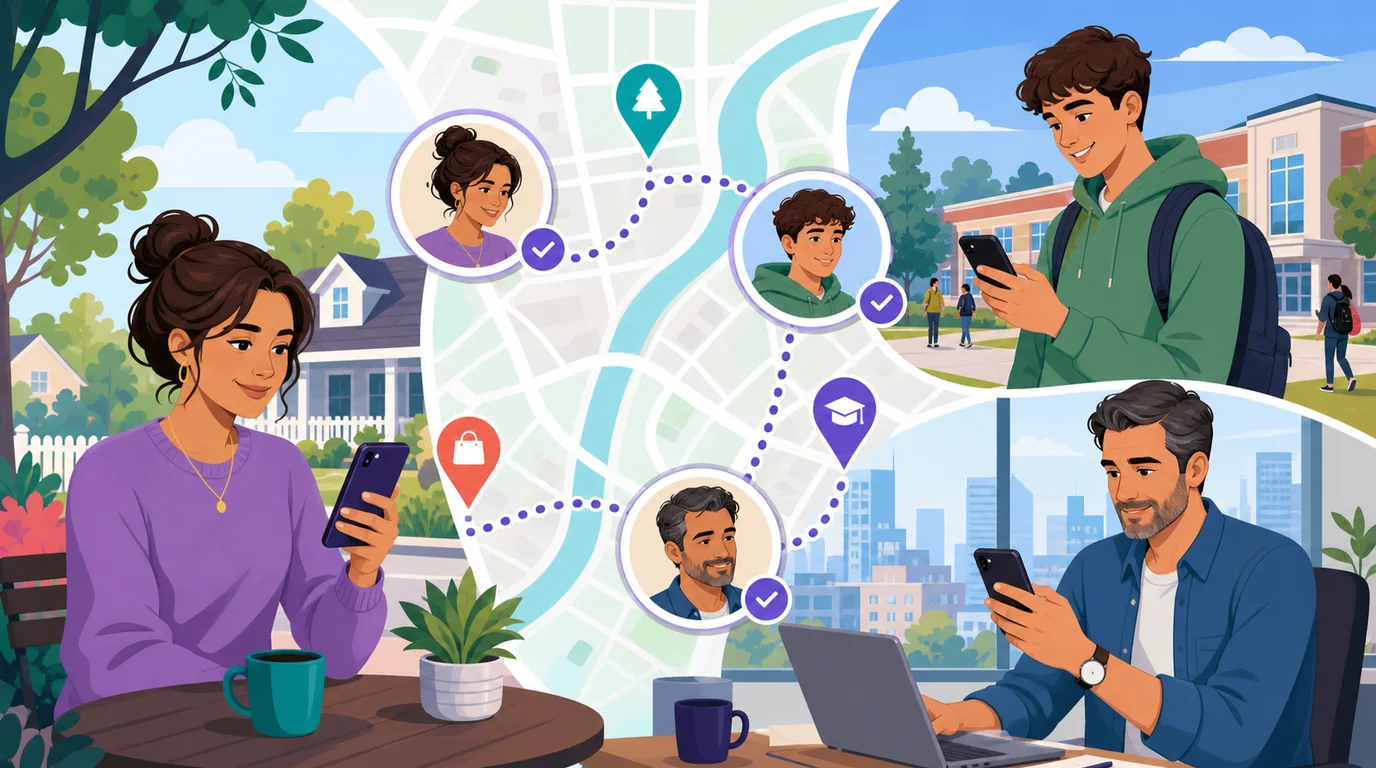 Family members openly sharing location across Android and iPhone devices.
