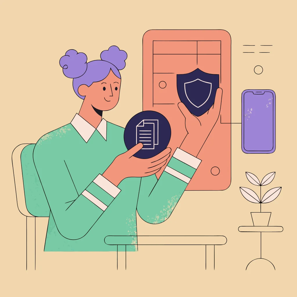 An authorized device owner reviewing access, permissions, and data-risk checks beside a generic phone.