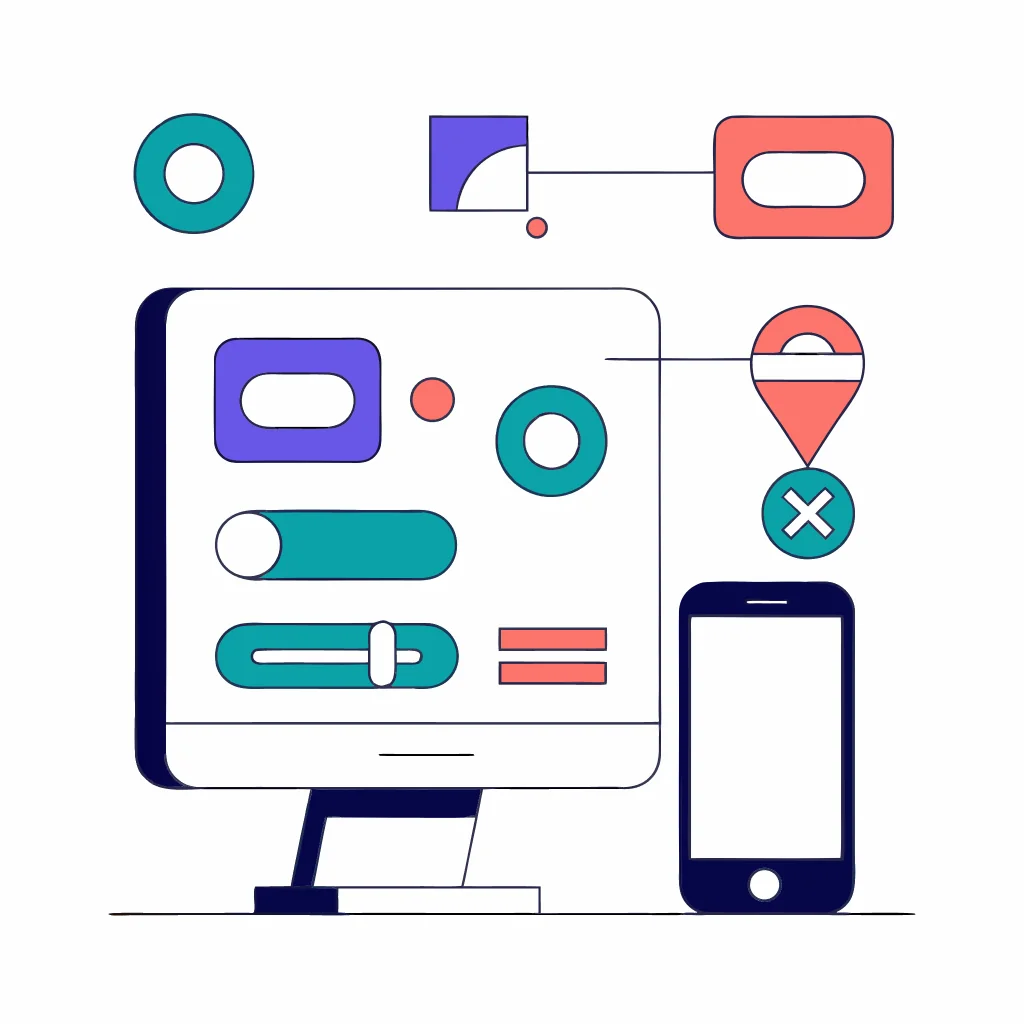 A trusted computer showing abstract account sessions, recovery controls, and location-sharing choices beside an Android phone.