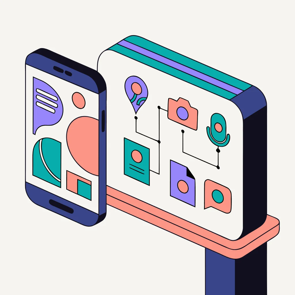A generic Android phone beside a calm privacy board grouping location, camera, microphone, contacts, files, and notifications.