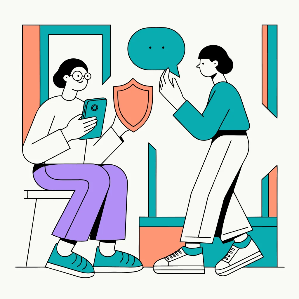 A trusted supporter helping a person distinguish an ordinary permission question from a possible phone-safety concern.