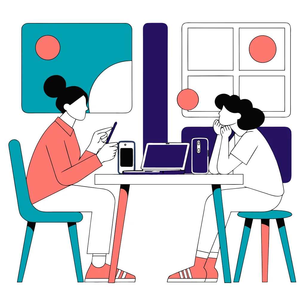 A parent and child reviewing a transparent Google Family Link plan together on generic devices.