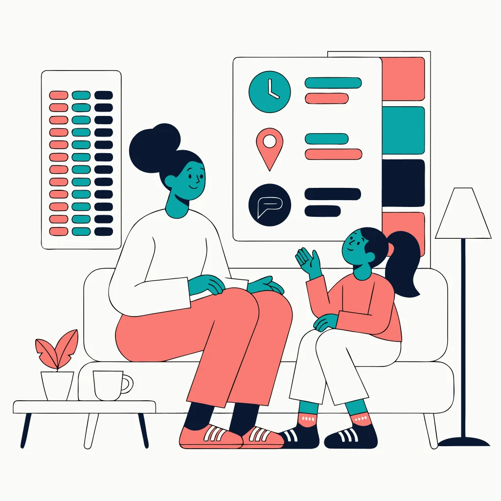 A parent and child reviewing a Family Link plan with calendar, app, screen-time, and location symbols.