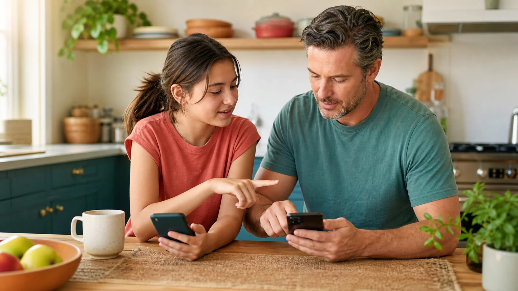 A parent and teenager setting up visible location sharing together