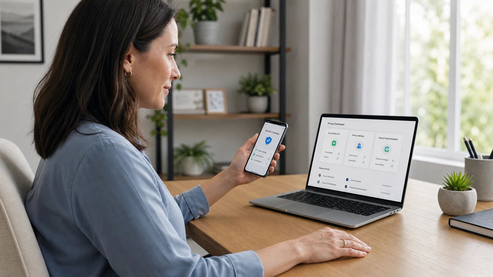 A person reviewing account sessions, sharing, and phone permissions from a trusted device