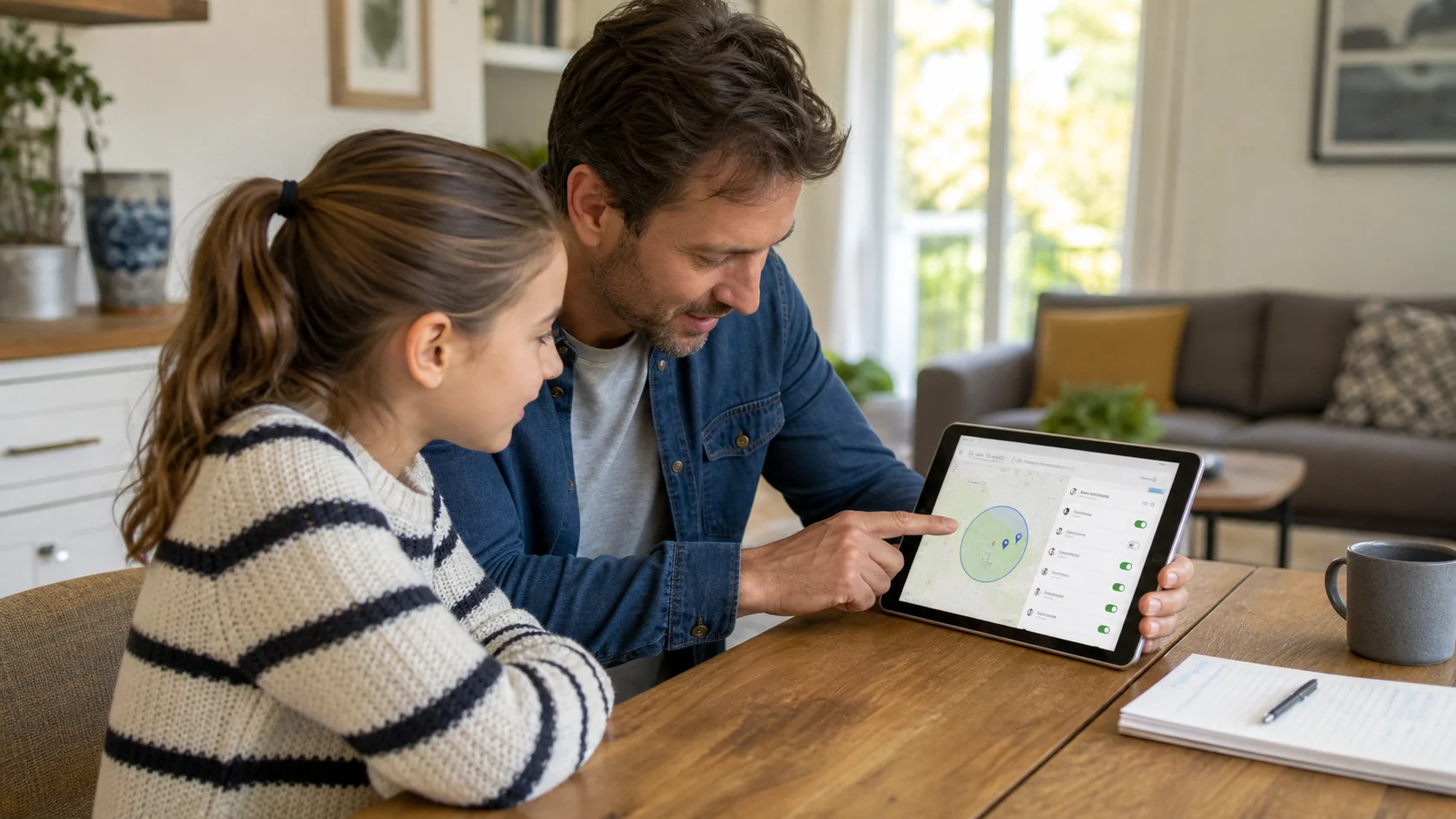 A parent and child openly reviewing family location and safety settings