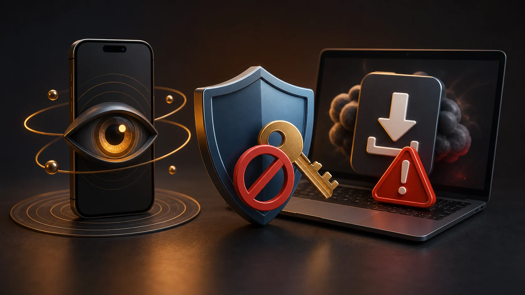 Hidden tracking, credential misuse, and deceptive downloads shown as blocked risks