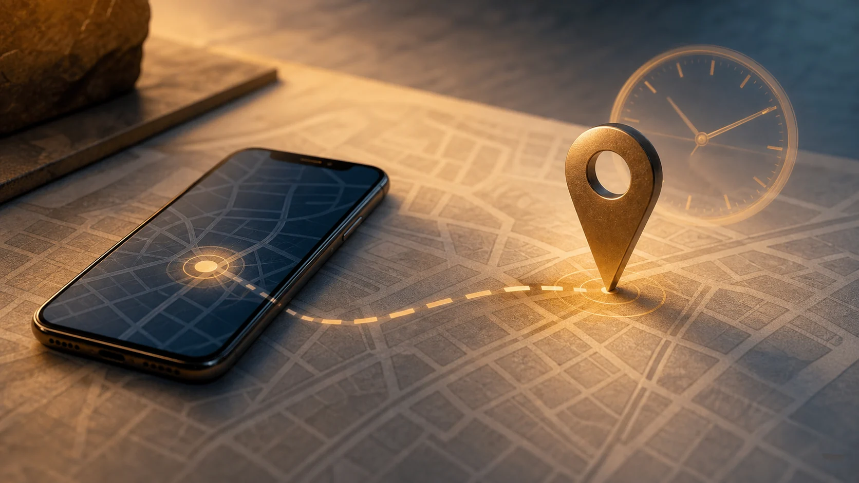 A phone, map pin, and clock representing a historical last-known location.