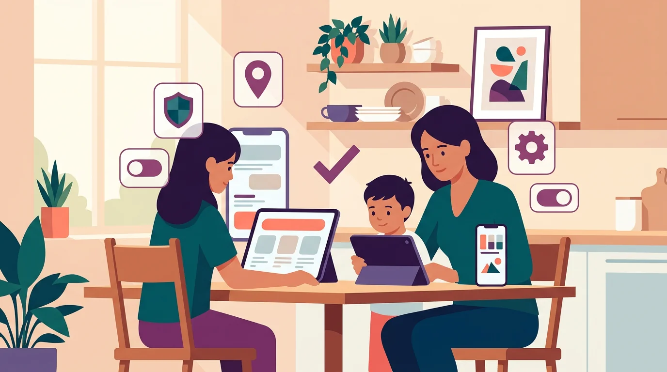 A parent and child setting up supervised family location controls together.