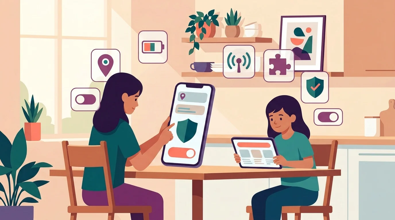 A parent reviewing child device location settings with privacy and device icons.