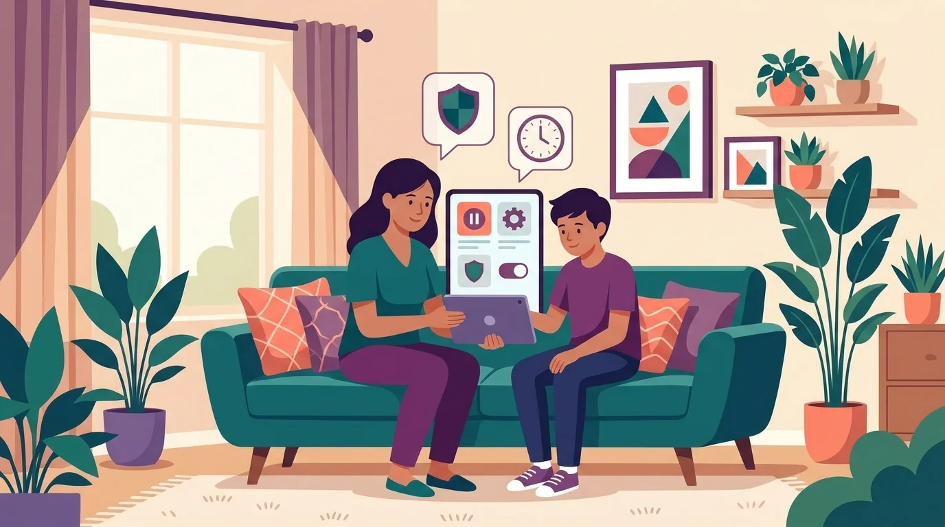 A family discussing visible phone tracking boundaries on a couch.